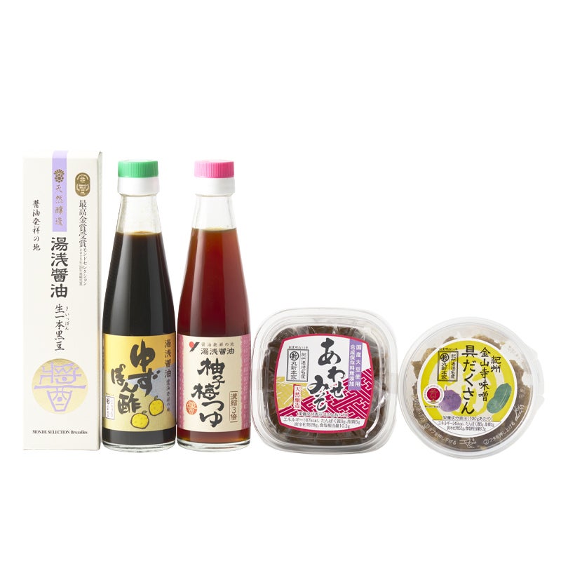 【商品内容】・生一本黒豆 200ml (2006年から最高金賞）・ゆずぽん酢 200ml・濃縮 柚子梅つゆ 200ml・あわせ味噌 400gカップ・具だくさん金山寺味噌 150gカップ